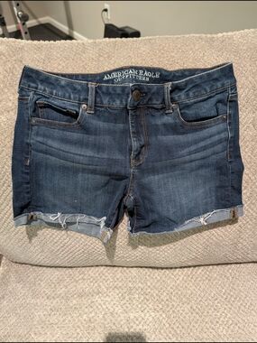 American Eagle Outfitters Dark Blue Frayed Hem Denim Shorts MIDI